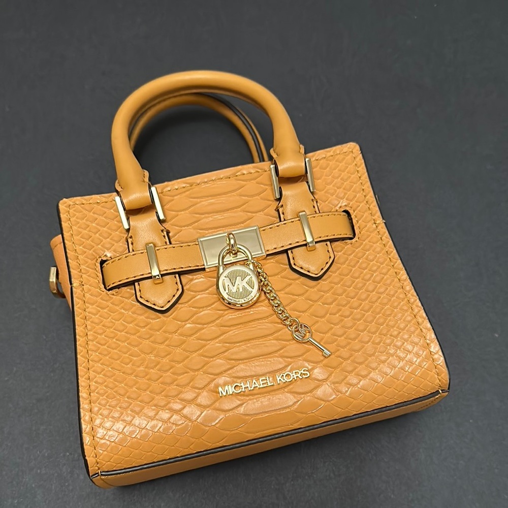 NWOT- Michael Kors Tan Mini Bag with Gold Lock and Snake Textured Finish
